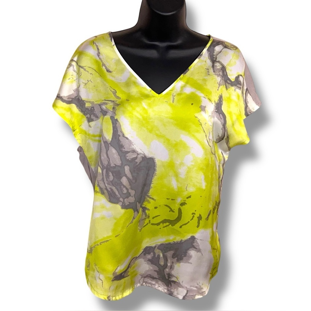 XS Mossimo Neon Green Grey Vneck Blouse Short Sleeve Top Abstract Print